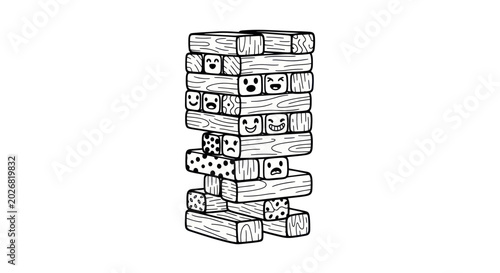 Tableau sur toile Jenga Tower with Cartoon Faces on Blocks