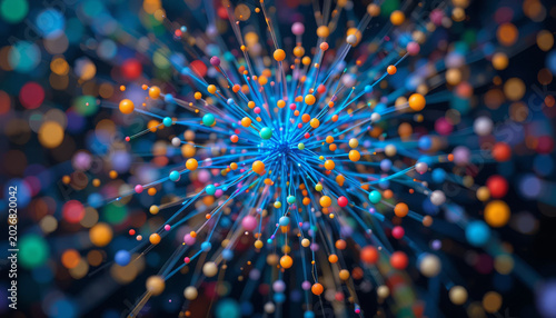 A vibrant abstract 3D burst explosion of interconnected blue, orange, and yellow particles forming a complex digital node or molecule network