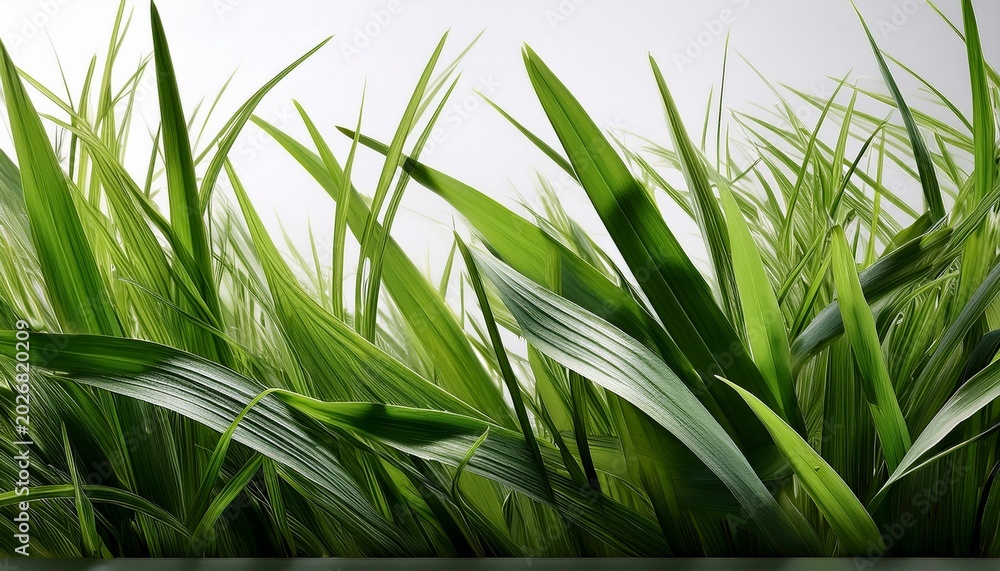 Fototapeta premium Lush Green Grass Blades Sway Gently Against A Stark White Background