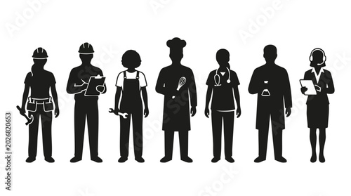 Minimal style group workers silhouette vector icons for various occupations and professions