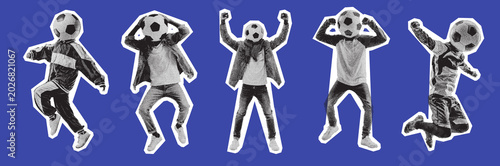people in dynamic poses with footballs as heads, retro halftone aesthetic, symbolizing sport and joy