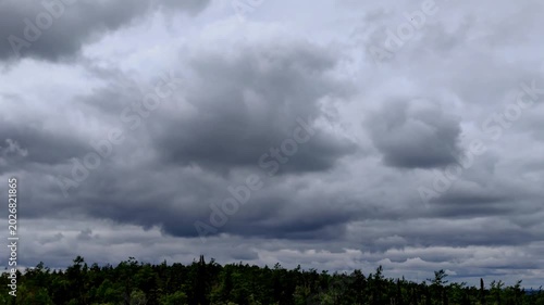hypnotic ominous grey storm clouds rapidly moving in dramatic timelapse sequence across sky, passing over dense green forest, creating foreboding and dynamic atmospheric scene.