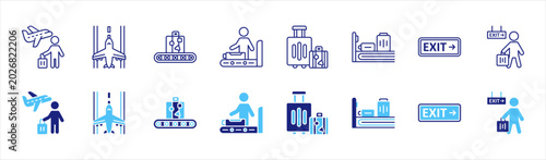 Fotografía Airport arrival terminal activity icon collection with airplane landing baggage