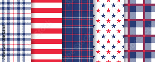 Checkered 4th July seamless background. American patriotic patterns with stars stripes. America independence textures. Set of plaid USA flag prints. Blue red wallpapers. Vector illustration.