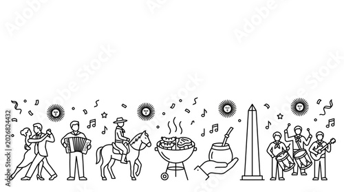 Tableau sur toile Argentina culture and traditions hand drawn line art illustration