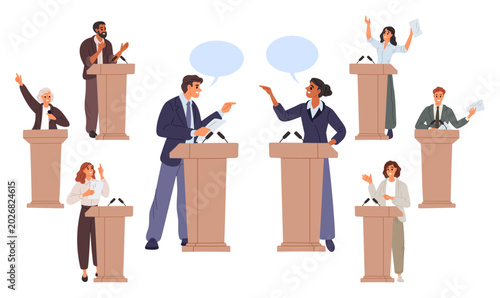 Speakers addressing audience from podium. Political debate. Presidential candidates presenting platforms. Election campaign. Party members discussion. Politicians at tribunes vector set