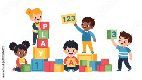 Cuadro en lienzo Children Playing with Building Blocks: A group of diverse, happy children engage in joyful play, building with colorful blocks adorned with letters and numbers