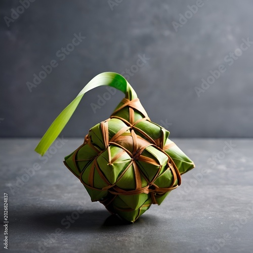 single ketupat placed on clean surface, soft shadow, minimal composition, large empty copy space for text