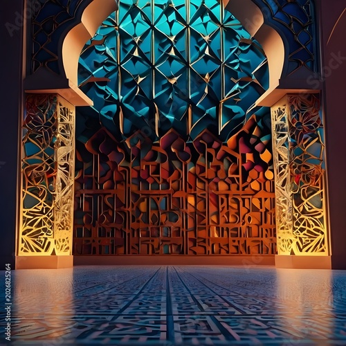 minimal islamic geometric pattern background with soft lighting, clean composition, large empty copy space for text