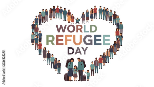 Foto World Refugee Day Heart Formation: A diverse group of people, some with luggage, form a large heart shape around the text WORLD REFUGEE DAY, symbolizing unity and support for refugees