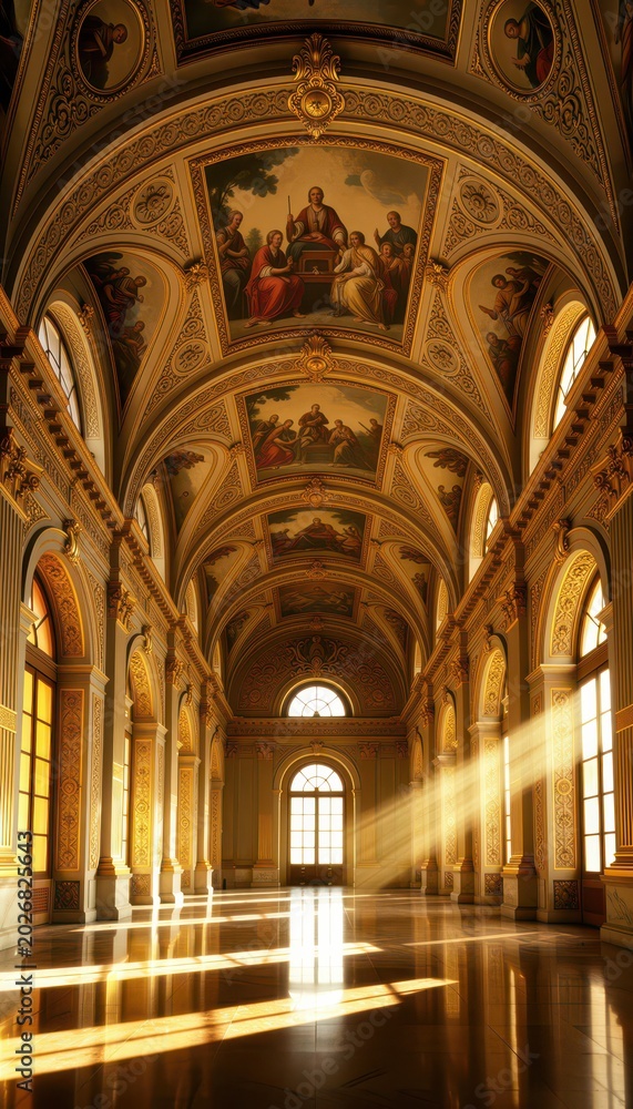 Fototapeta premium Sunlight Streaming Through Arched Windows in Ornate Cathedral Hallway