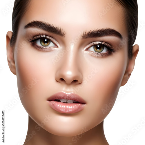 Young woman with flawless makeup close-up portrait against neutral background in soft light