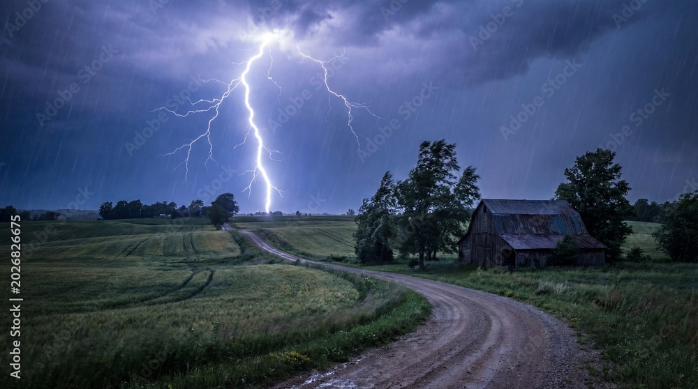 Obraz premium Light and sound energize scenes with lightning strikes concept. A dramatic lightning storm over a rural landscape with a barn.