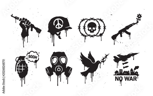 Photos Anti War and Peace Stencil Graffiti Set, Urban Protest Icons with Drips