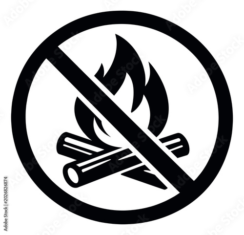 Simple line art illustration of a campfire prohibition sign depicting no open flames for public safety regulations