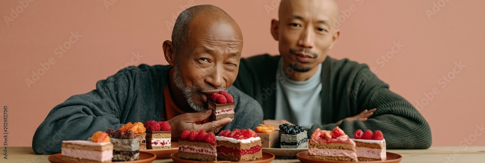 Obraz premium Two men sharing assorted dessert slices with raspberries and cakes for pastry banner and family eating background design