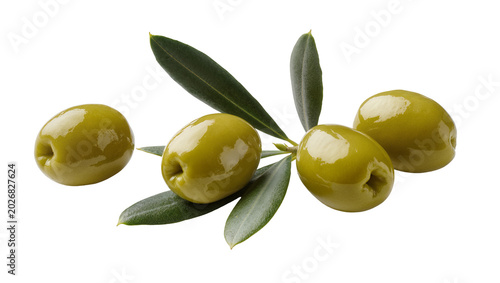 Foto Four ripe green olives with leaves, isolated on transparent background