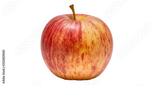 Red and yellow striped apple with stem, isolated on transparent background