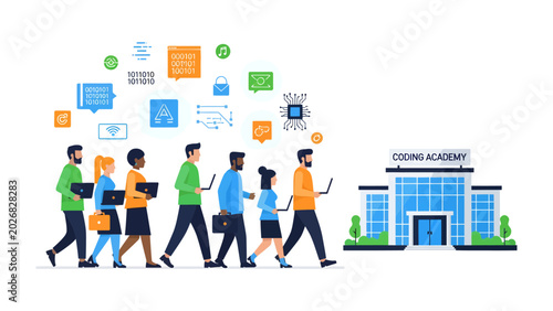 Tableau sur toile Coding Academy Journey: A diverse group of aspiring coders, carrying laptops, walk towards a Coding Academy building, symbolized by floating digital icons representing technology and learning