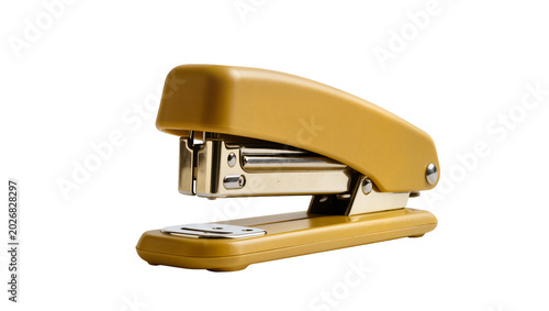 Fotografie Yellow plastic and metal stapler office supply, isolated on transparent backgrou