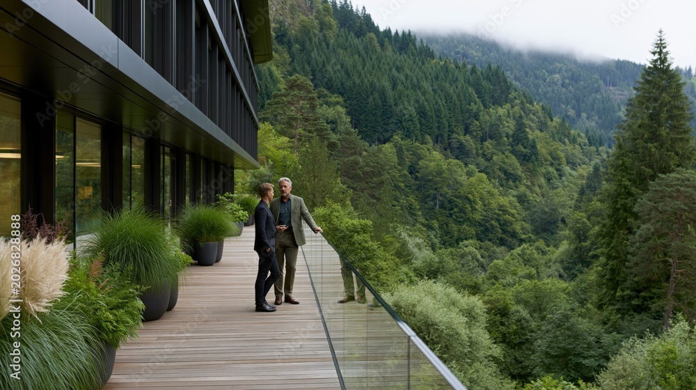 Fototapeta premium Business colleagues on a glass balcony overlooking a lush mountain valley for corporate retreat wallpaper and landscape use