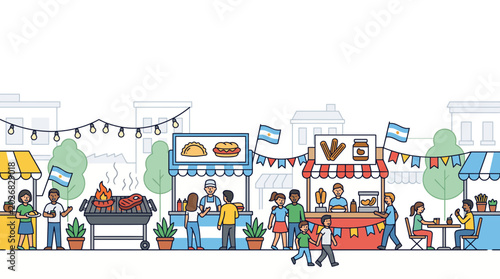 Schilderij op canvas Cartoon street food festival market stalls with diverse people enjoying local snacks