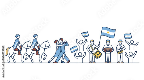 Tableau sur toile Argentine Culture Icons Line Art Illustration Featuring Gauchos Tango Dancers and Musicians