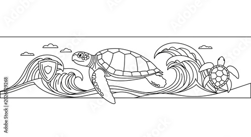 Konstfotografi Black and white line art illustration of sea turtles swimming in ocean waves