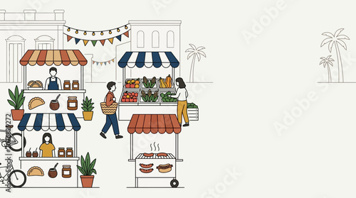 Schilderij op canvas Bustling outdoor street market scene with food stalls and shoppers