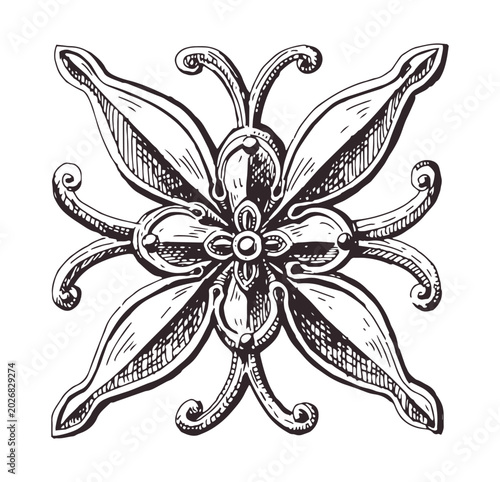 Decorative vintage outline floral design element, antique decor, hand drawn vector illustration isolated on white