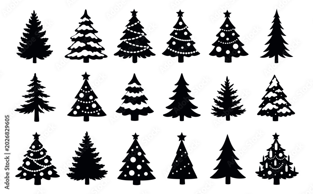 Obraz premium Silhouette Christmas tree set featuring various decorated and undecorated fir trees for winter holiday designs
