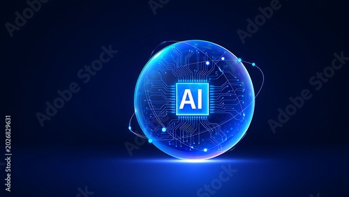 Artificial Intelligence Processor Chip Inside Glowing Blue Glass Orb Futuristic Machine Learning Tech and Global Data Science Network Concept 3D Rendering.