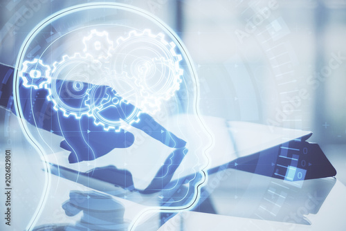 Digital healthcare brain interface with medical AI technology, neural data, diagnostics and futuristic health innovation concept