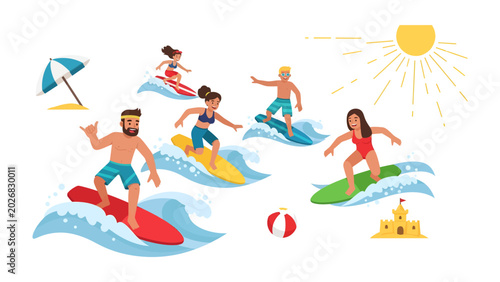 Photos Surfing Safari: A vibrant illustration depicting a group of surfers riding waves under a bright sun, capturing the thrill and excitement of a summer beach day