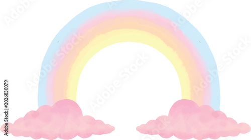 Schilderij op canvas Soft pastel rainbow with fluffy pink clouds on a white background, evoking a dreamy and gentle atmosphere
