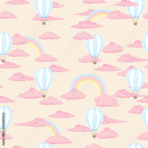 Seamless pattern with light blue hot air balloons, pink watercolor clouds, and pastel rainbows on a soft beige background.