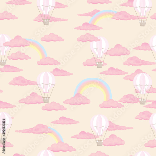 Seamless pattern of whimsical pink hot air balloons, soft clouds, and pastel rainbows on a light beige background, creating a dreamy sky scene.