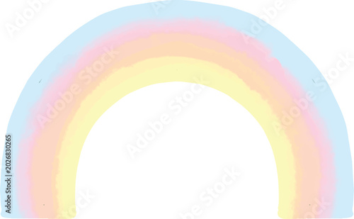 A soft pastel-colored rainbow arching gently across a plain white background, featuring light blue, pink, and yellow hues.