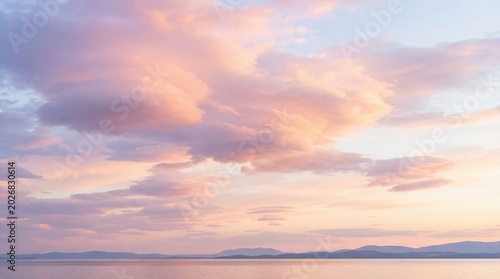 Dreamy atmosphere takes over at twilight concept. A serene sunset sky with soft clouds reflecting gentle colors.