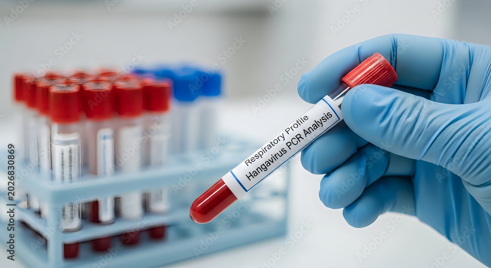 Naklejka premium Scientist holding a blood sample test tube for a respiratory virus pcr analysis in a medical laboratory setting