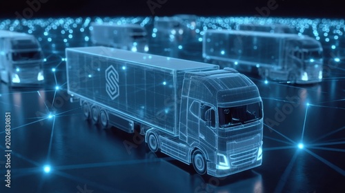 Futuristic digital illustration of connected autonomous cargo truck network operating on smart grid with glowing data points and high technology vehicle design concept