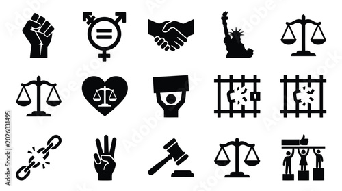 Konstfotografi Justice movement icons set equality and freedom symbols social activism graphics