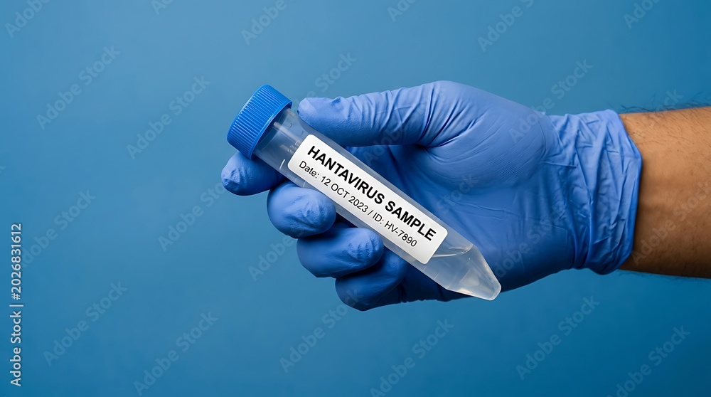 Obraz premium Closeup of a gloved hand holding a labeled test tube with hantavirus sample for research