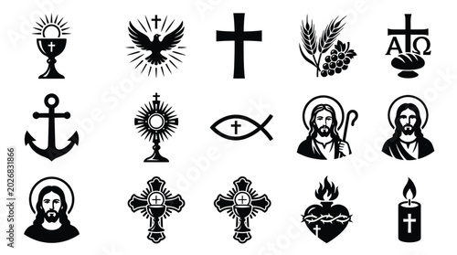 Schilderij op canvas Faith symbols bundle including crosses jesus christ chalices and sacred hearts i