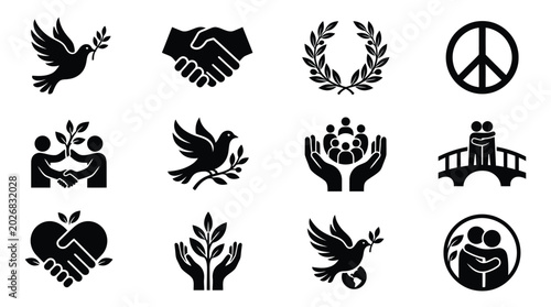 Schilderij op canvas Black and white symbol collection featuring unity peace and harmony with dove ha