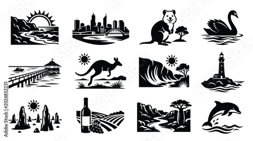 Obraz na plátně Black and white icons of western australia tourism featuring coastal landscapes