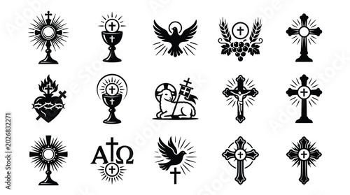 Bild auf Leinwand Collection of black and white religious symbols including crosses doves lamb cha