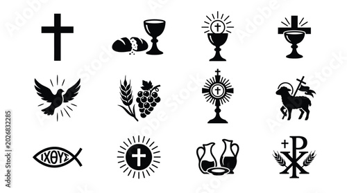 Slika na platnu Collection of christian religious symbols and icons in black silhouette includin