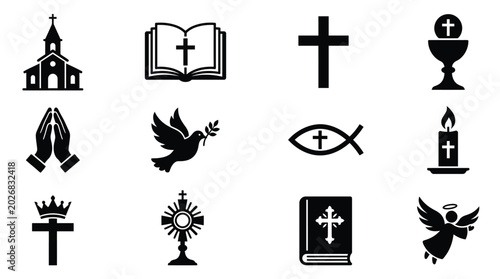 Foto Christian worship icons bundle including church cross bible prayer dove candle a