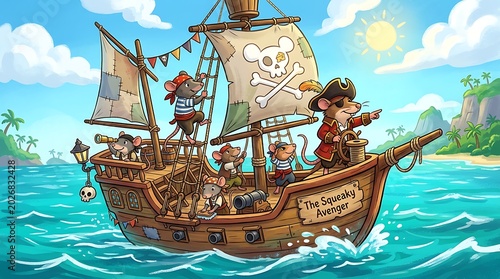 Cute cartoon mice pirates sailing on a wooden ship with pirate flags and tropical scenery